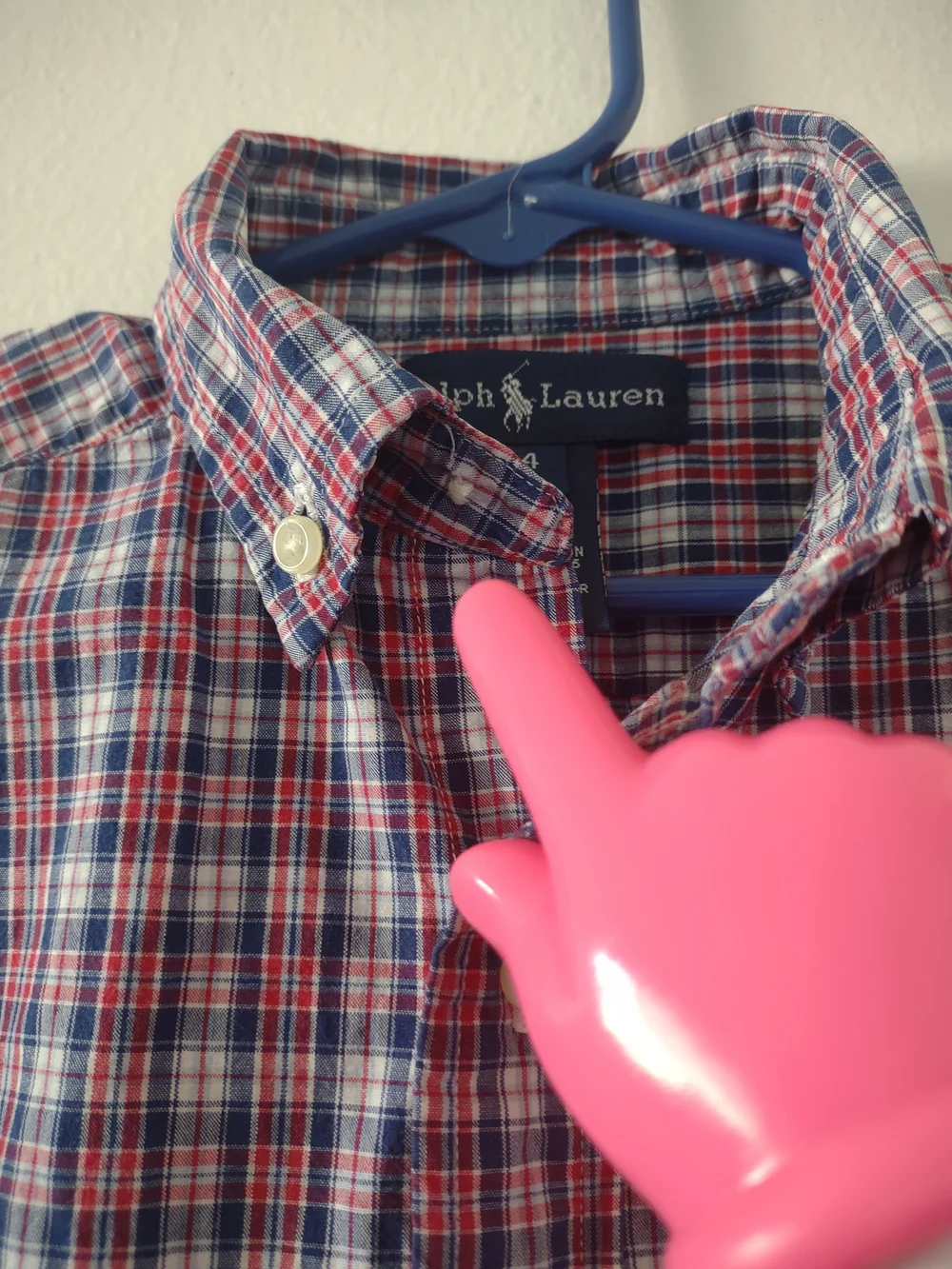Ralph Lauren Boys Plaid Button-Down Shirt Size 4 Red Blue *Flaw